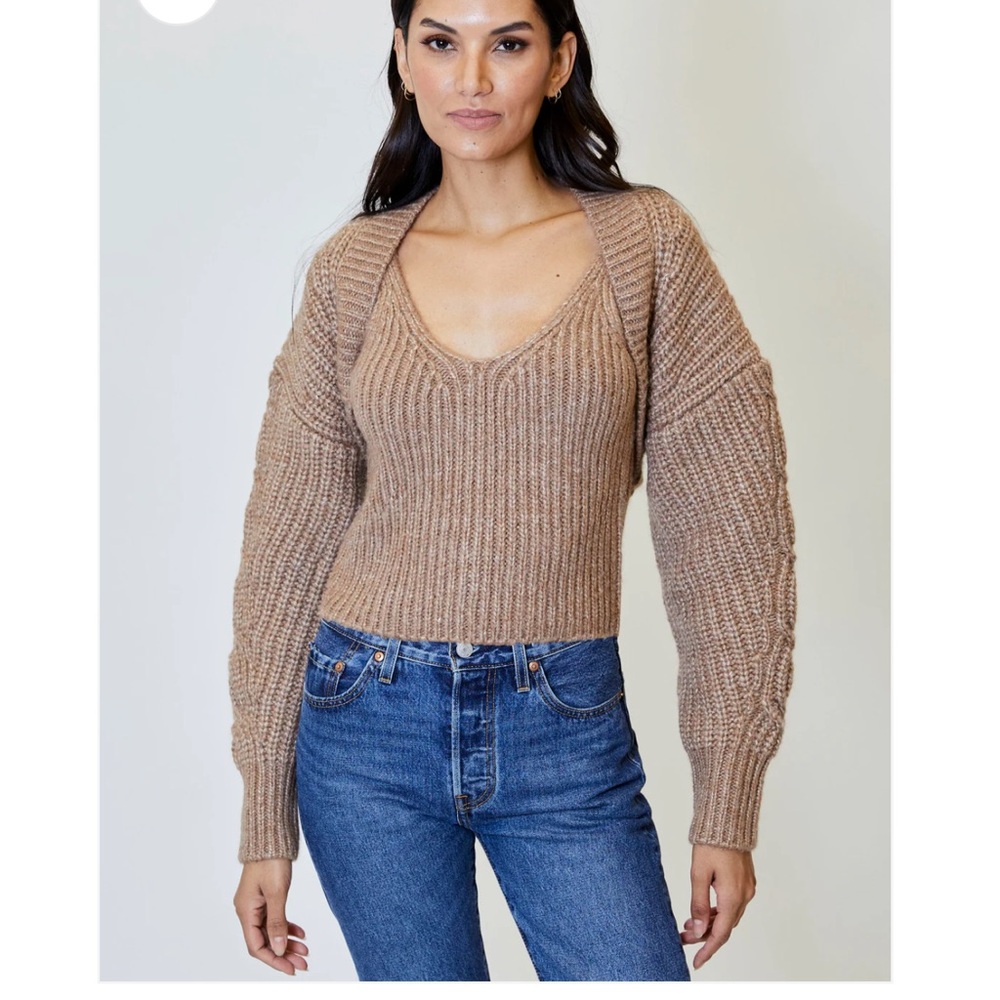 dh NEW YORK Tan V-Neck Sweater with Chunky Balloon Sleeves